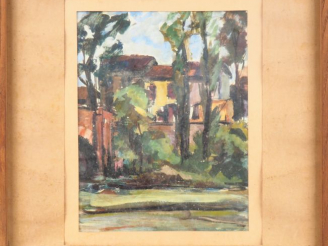 Vente aux enchères CARRERE. "Entrée de propriété". Gouache, signée en bas à gauche. Dim. 