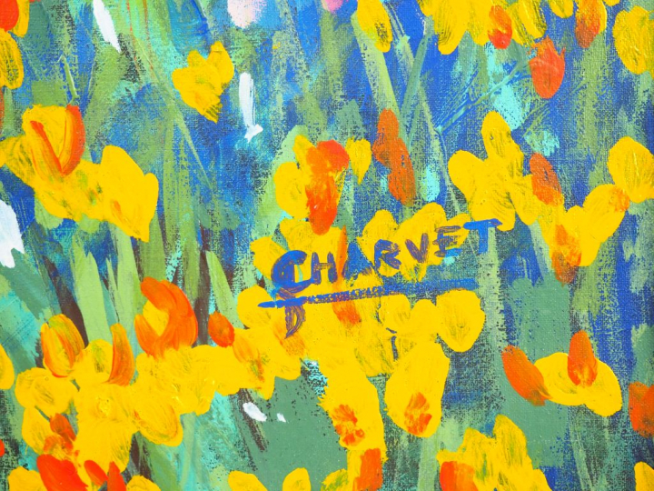 CHARVET. "Paysage fleuri". Huile sur toile, signée en bas à droite. Di
