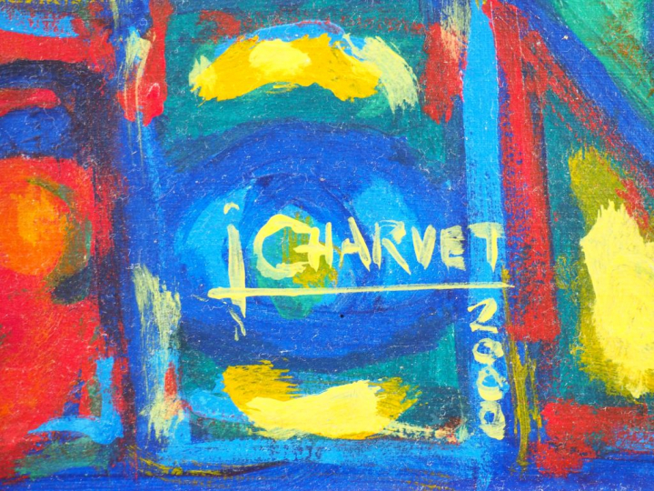 CHARVET. "Le baiser". Huile sur isorel, signée et datée 2000 en bas à 