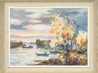 Vente aux enchères Joseph CROZES. "L'Oise en aval de Pontoise". Huile sur toile, signée e