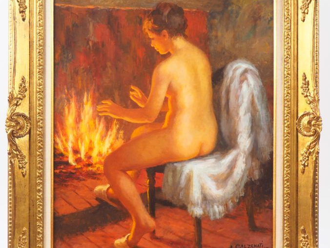 André GALZENATI. "Jeune fille nue au coin du feu". Huile sur toile, si