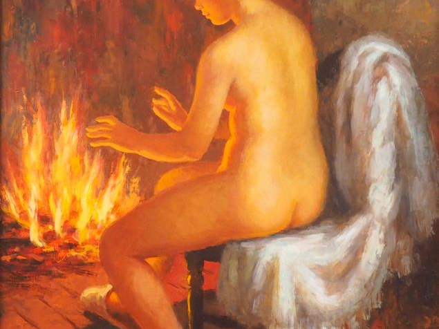 André GALZENATI. "Jeune fille nue au coin du feu". Huile sur toile, si