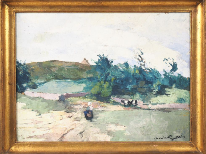 Louis GARIN. "Paysage breton animé". Huile sur toile, signée en bas à 