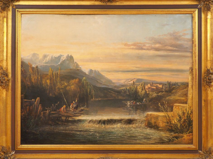 Emile GODCHAUX (attribué à) "Barques de pêcheurs dans un paysage de mo