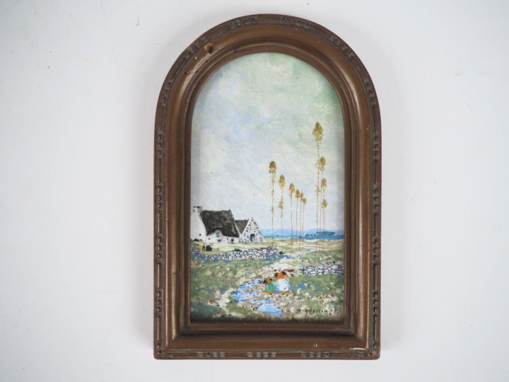 Ernest GUERIN. "Paysannes bretonnes devant une chaumière". Aquarelle, 