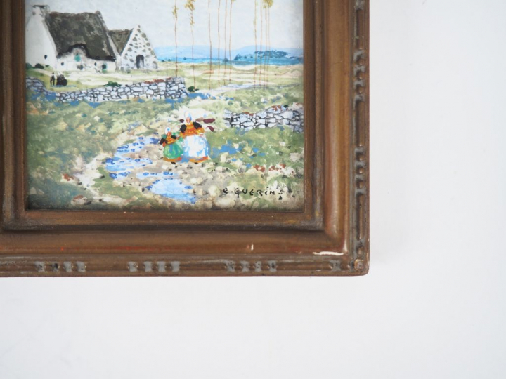 Ernest GUERIN. "Paysannes bretonnes devant une chaumière". Aquarelle, 