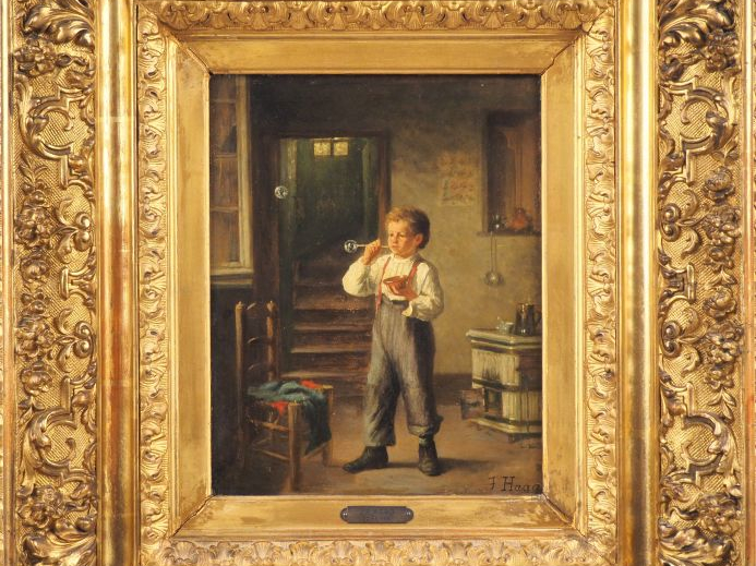 J.P HAAG. "Enfant à la bulle de savon". Huile sur panneau, signée en b