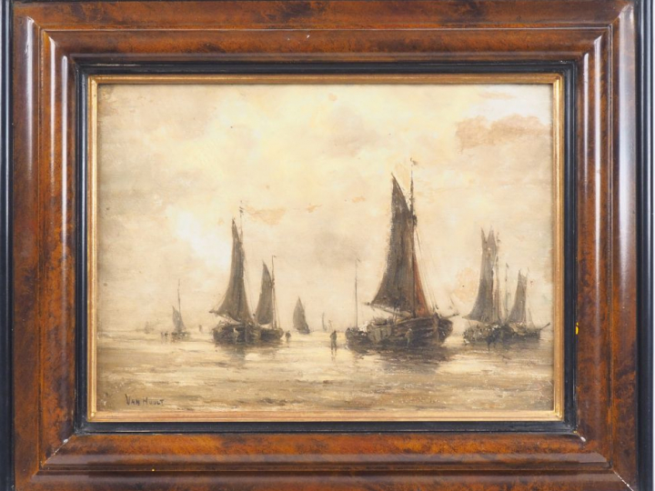 VAN HOOLT. "Marine". Huile sur toile marouflée sur panneau, signée en 