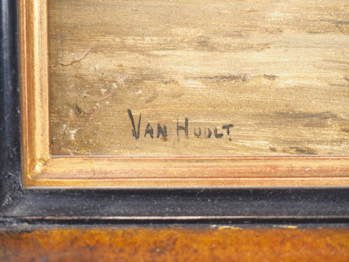 VAN HOOLT. "Marine". Huile sur toile marouflée sur panneau, signée en 