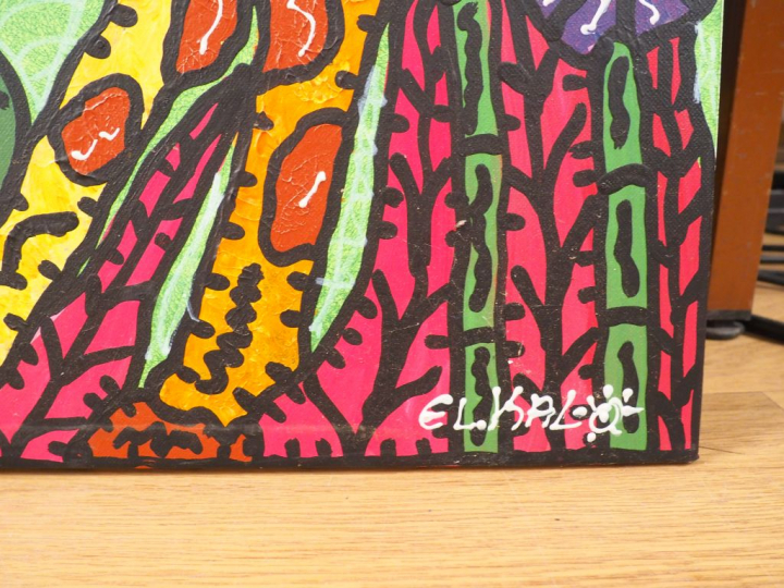 EL KALO. "Girafe". Grande huile sur toile, signée en bas à droite. Dim