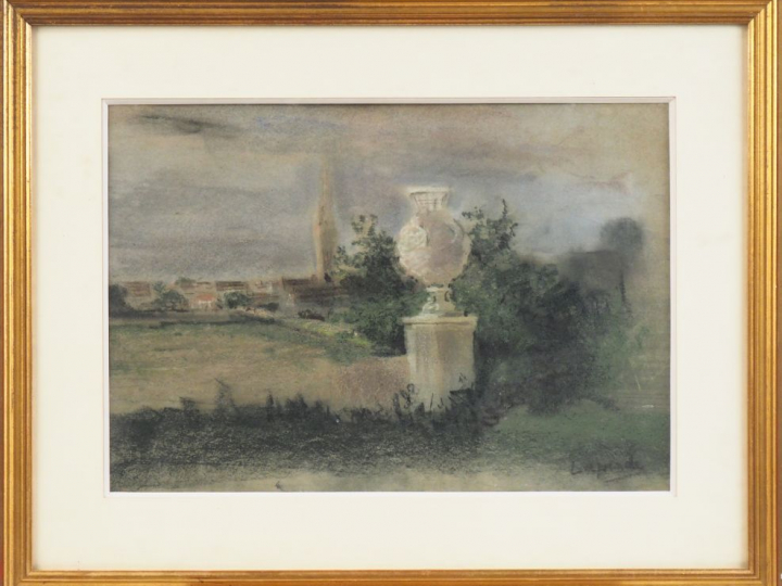 LAPRADE. "Le village vu du parc". Pastel, signé en bas à droite. Dim. 