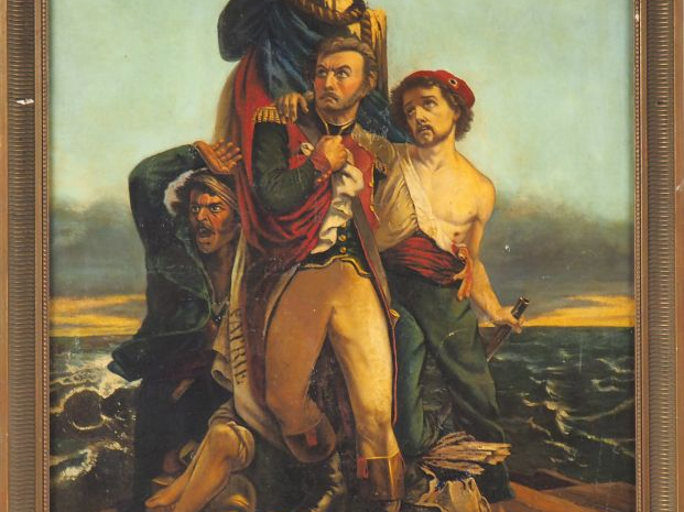 LINOSSIER PATASSON. "Le vengeur". Huile sur carton, signée en bas à dr