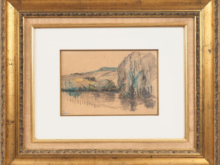 Maximilien LUCE. "paysage". Dessin en couleur, signé en bas à gauche D