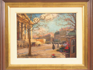 Vente aux enchères MASSON. "Paris, place de la Madeleine". Huile sur carton, signée en ba