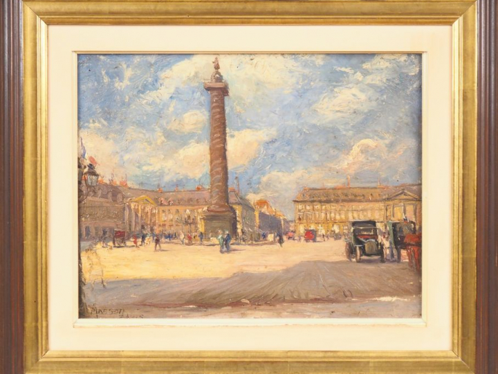 MASSON. "Paris, place Vendôme". Huile sur panneau, signée en bas à gau