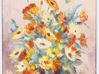 Vente aux enchères Eliane METZET. "fleurs de soucis". Huile sur toile, signée en bas à dr