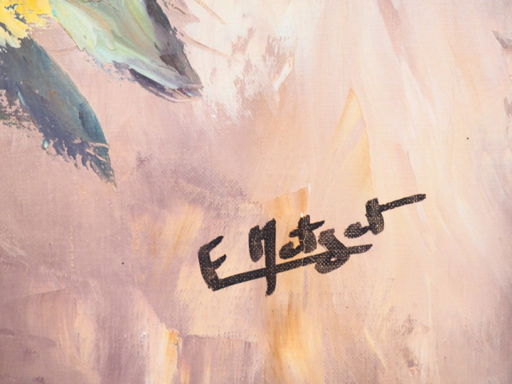 Eliane METZET. "fleurs de soucis". Huile sur toile, signée en bas à dr