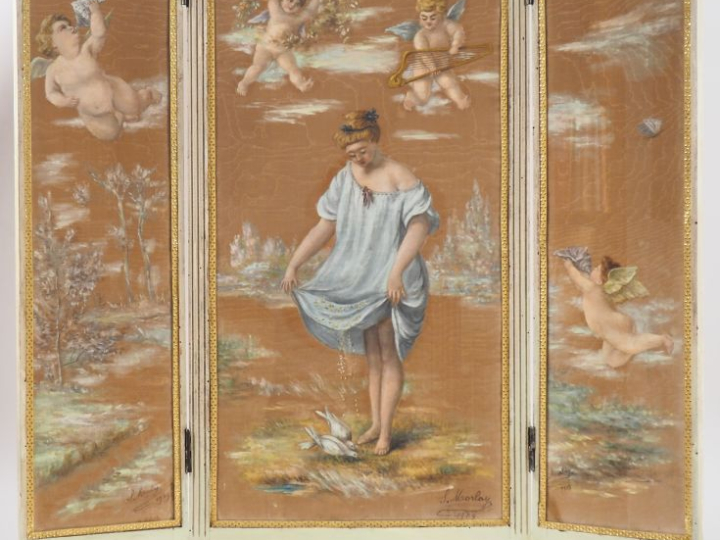 S. MORLAY. "Jeune fille aux oiseaux entourée d'angelots". Aquarelle si