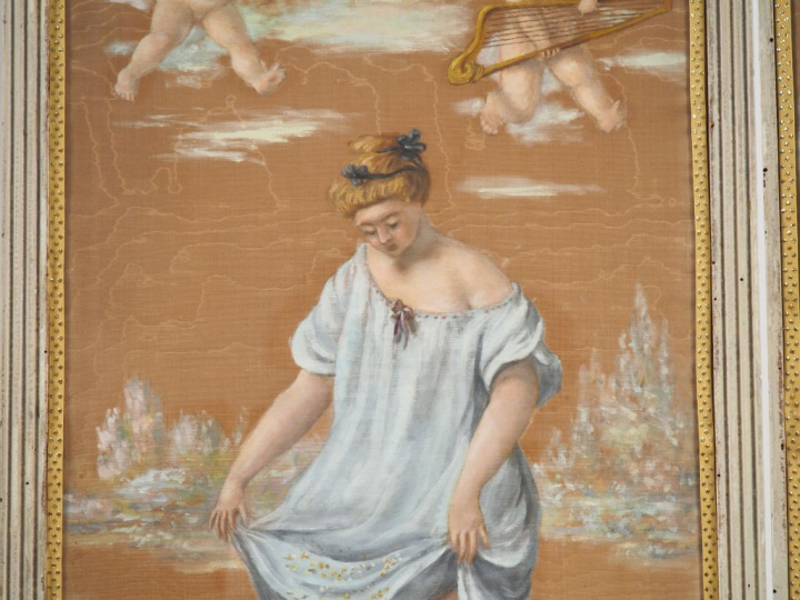 S. MORLAY. "Jeune fille aux oiseaux entourée d'angelots". Aquarelle si