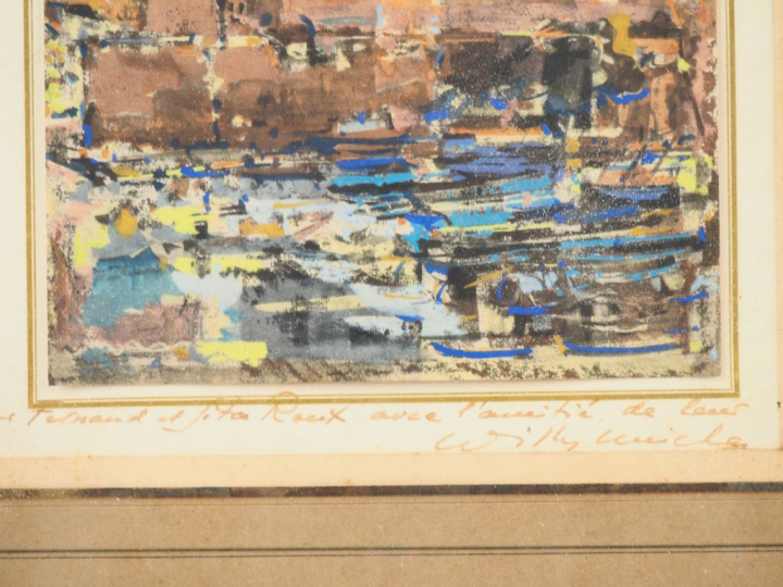 Willy MUCHA.  "port catalan" Aquarelle, signée en bas à droite et dédi