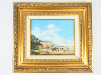 Vente aux enchères Willy PANNIER. "Promenade le long du port". Huile sur panneau, signée 