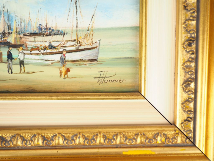 Willy PANNIER. "Promenade le long du port". Huile sur panneau, signée 