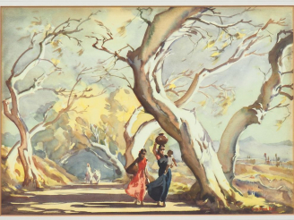 Vente aux enchères G. D. PAULRAJ. "jeunes femmes sur la route du maduraï". Aquarelle, sig