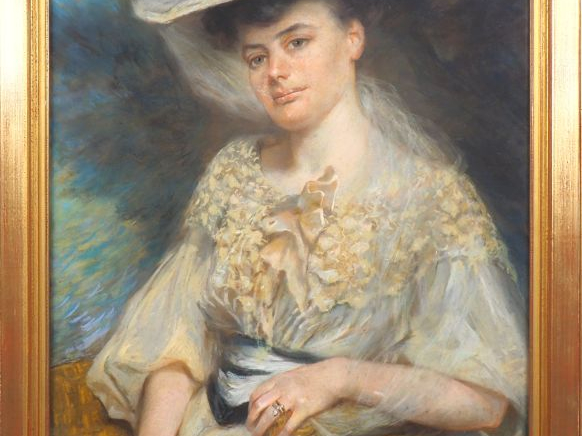 Marthe de PESLOUAN. "Portrait d'élégante au chapeau". Pastel, signé en