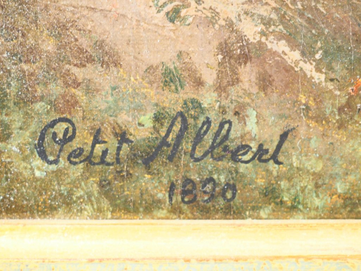 Albert PETIT. "La cueillette". Huile sur toile marouflée sur panneau, 