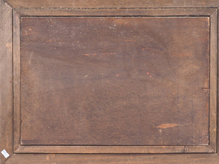 Albert PETIT. "La cueillette". Huile sur toile marouflée sur panneau, 