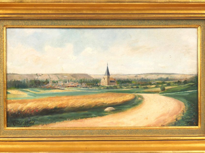 Albert PETIT. "Monastère dans la campagne". Huile sur toile, signée et