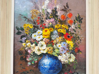 Vente aux enchères Jacques PETIT. "Bouquet de fleurs dans un vase". Huile sur toile, sign