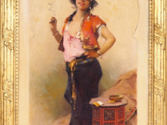 Vente aux enchères Emile Auguste PINCHART. "Jeune orientale à la cigarette". Huile sur to