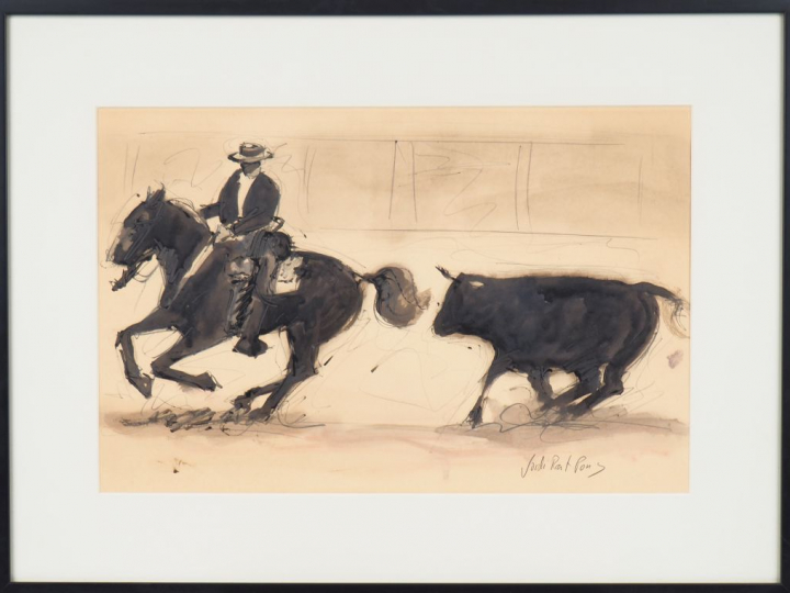 Jordi  PRAT PONS. "Corrida équestre". Encre, signée en bas à droite. D