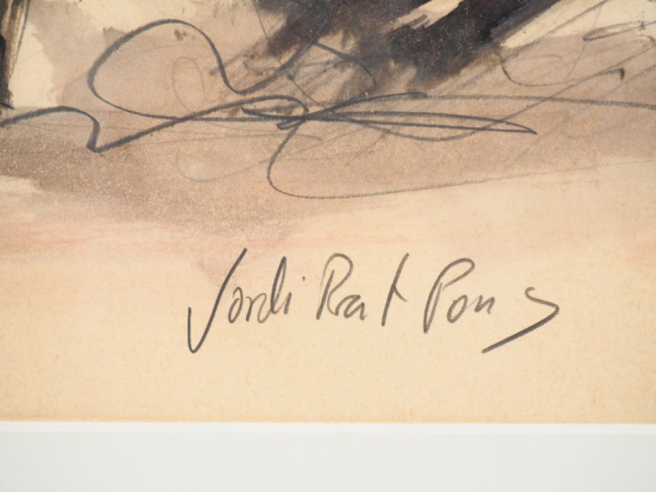 Jordi  PRAT PONS. "Corrida équestre". Encre, signée en bas à droite. D