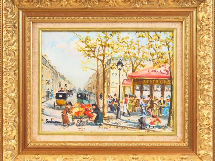 Georges SEDRAC. "Place animée à Paris". Huile sur toile, signée en bas
