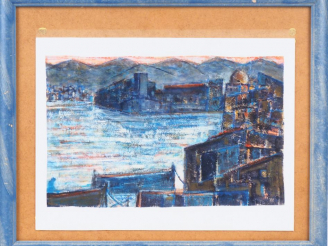 Vente aux enchères Keneth SNODGRASS. "Vue de ville de bord de mer". Huile sur papier, sig