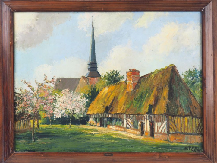 STEEL. "Chaumière derrière l'église". Huile sur panneau, signée en bas