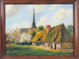 Vente aux enchères STEEL. "Chaumière derrière l'église". Huile sur panneau, signée en bas