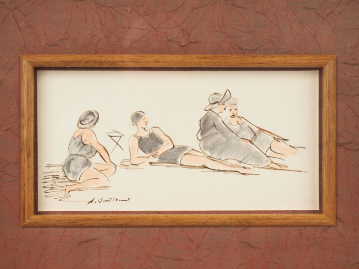A. VUILLEMOT. "baigneuses sur la plage". Aquarelle, signée en bas à ga