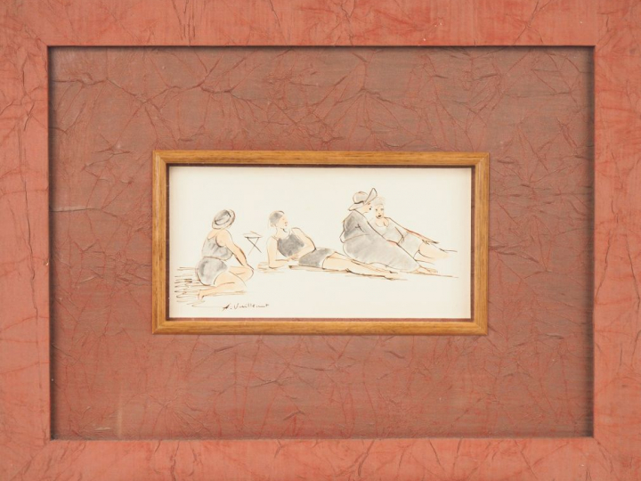 A. VUILLEMOT. "baigneuses sur la plage". Aquarelle, signée en bas à ga