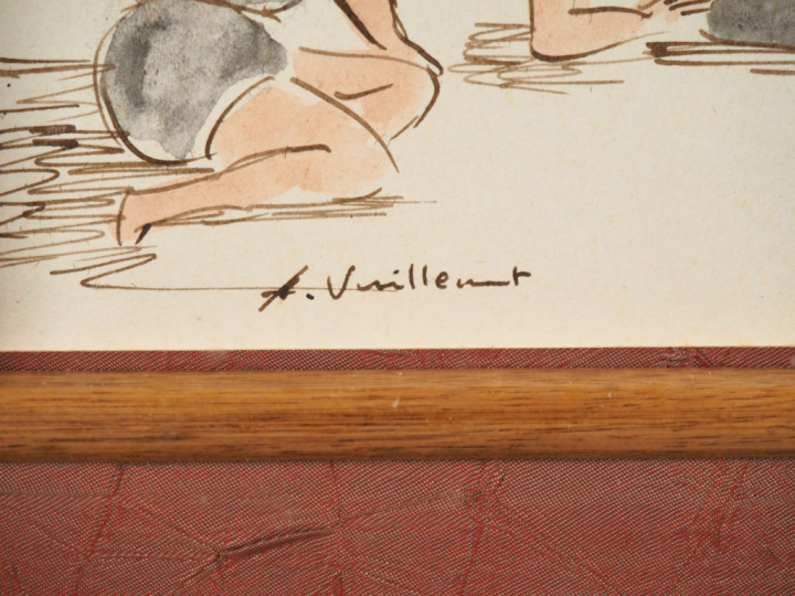 A. VUILLEMOT. "baigneuses sur la plage". Aquarelle, signée en bas à ga