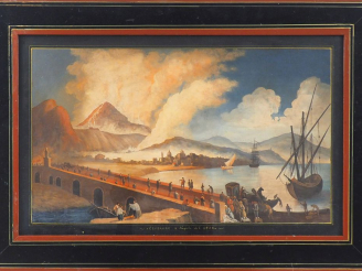 Vente aux enchères Ecole Napolitaine XIXème. "Eruzione a Napoli del 1834". Aquarelle goua