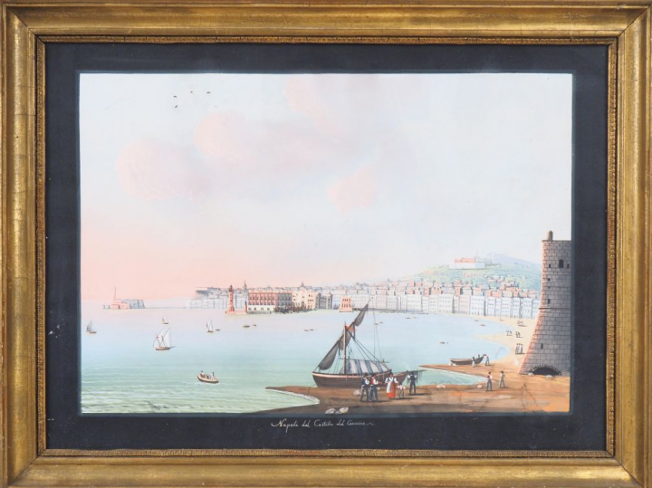 Ecole Napolitaine XIXème. "Napoli dal castello del carmine". Gouache. 
