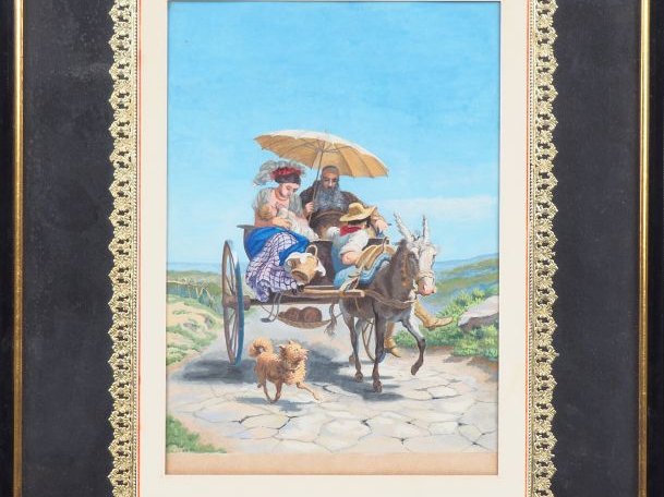 Ecole italienne fin XIXème. "Calèche sicilienne". Gouache Dim. 20,5 x 