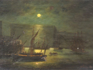 Vente aux enchères Ecole du Nord XIXème. "Marine nocturne". Huile sur toile, signée en ba