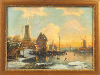 Vente aux enchères Ecole du Nord XIXème. "Les patineurs". Hule sur toile, signée en bas à