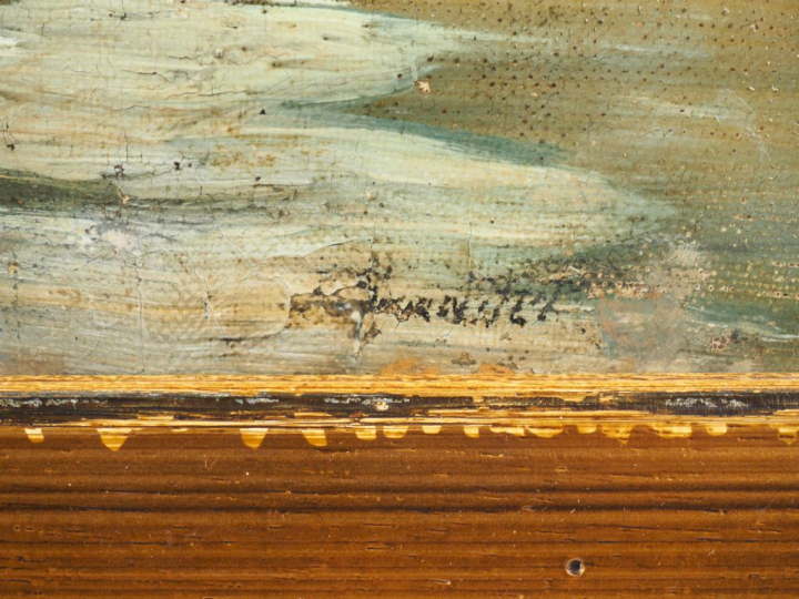 Ecole du Nord XIXème. "Les patineurs". Hule sur toile, signée en bas à