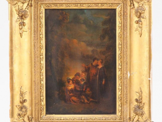 Vente aux enchères 	Ecole française d’après Watteau. "Conversation" Huile sur panneau  Di