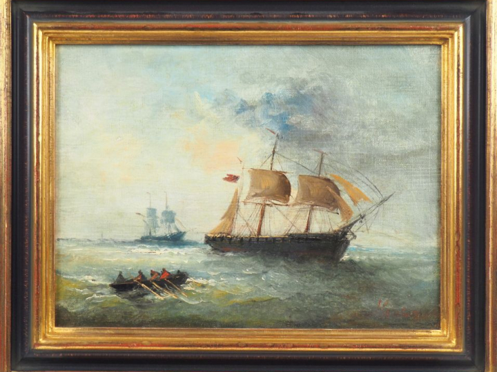 Ecole anglaise XIXème. "Barque à l'approche du navire". Huile sur toil